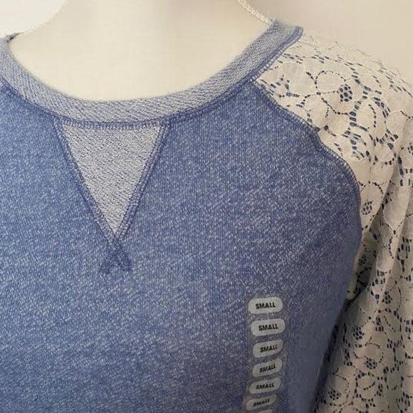 NWT PHILOSOPHY Women S French Terry Blue Heather Lace Pullover Sweatshirt TOP - Picture 3 of 8